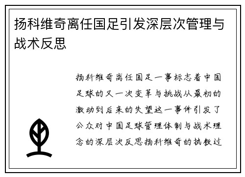 扬科维奇离任国足引发深层次管理与战术反思