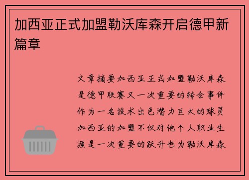 加西亚正式加盟勒沃库森开启德甲新篇章