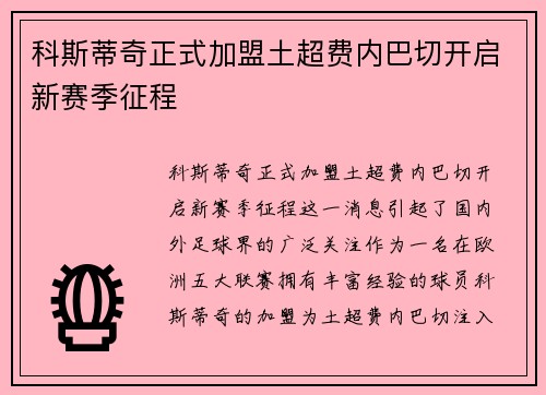 科斯蒂奇正式加盟土超费内巴切开启新赛季征程